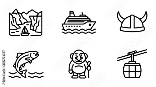 Norse Icons: Viking Helmet, Cruise Ship, Mountain Landscape, Salmon, Troll, Cable Car Vector Set