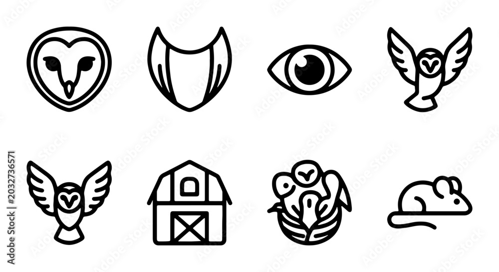 Fototapeta premium Minimalist Owl Icons, Barn, Eye, Mouse, Vector Set for Nature and Wildlife Design