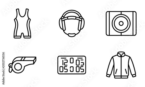 Wrestling Icons Set: Singlet, Headgear, Mat, Whistle, Scoreboard, Jacket Vector Graphics