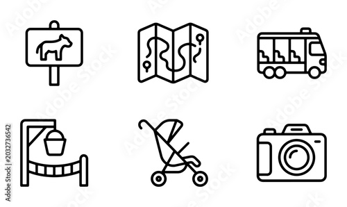 Zoo Icons Set: Animal Sign, Map, Bus, Stroller, Camera, Bucket Lift Vector Graphics