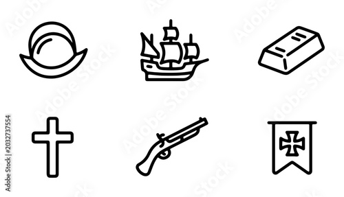 Quadro su tela Vector Icons: Colonial Era Ship, Gold Bar, Cross, Musket, Hat, Banner; Historica