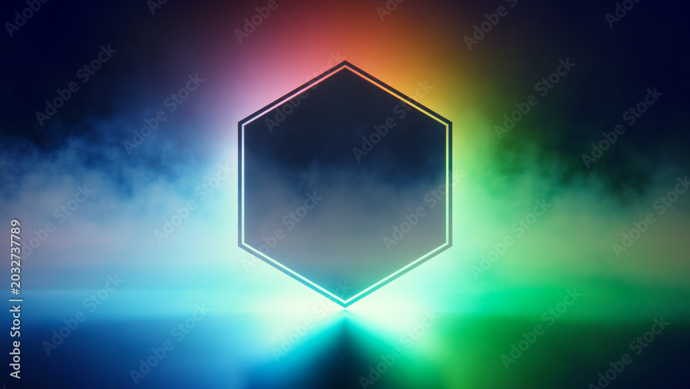Fototapeta premium Hexagon silhouette with smoky RGB neon color glow.