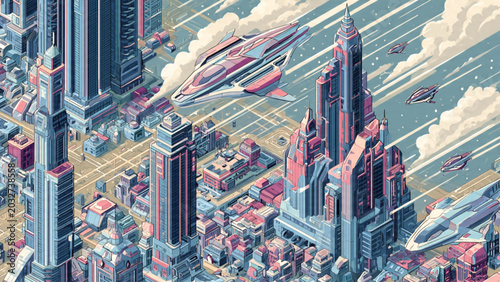 Tablou pe pânză Futuristic cityscape with towering skyscrapers and flying vehicles in vibrant ne