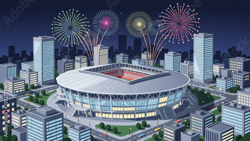 Billede på lærred Night cityscape with fireworks over futuristic sports stadium with bright lights