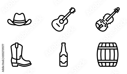 Tableau sur toile Country Music Icons: Cowboy Hat, Guitar, Violin, Boot, Bottle, Barrel Vector Set