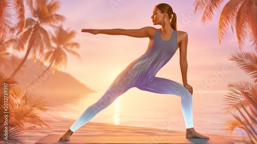 Woman doing yoga on tropical beach at sunrise