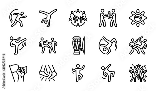 Foto Capoeira Icons Set, Brazilian Martial Art Dance, Acrobatics, Music, Celebration