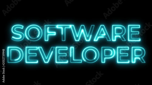 Neon Software Developer Text Glowing Cyan Blue Motion Graphic