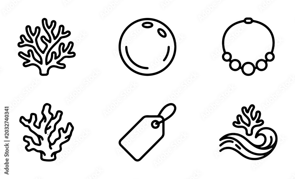 Fototapeta premium Ocean Icons: Coral, Bowling Ball, Necklace, Tag, Waves, Vector Set
