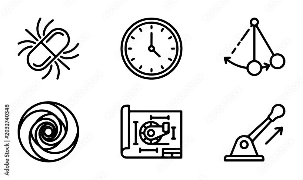 Fototapeta premium Science Icons Set: Biology, Physics, Engineering, Time, Mechanics, Technology Concepts
