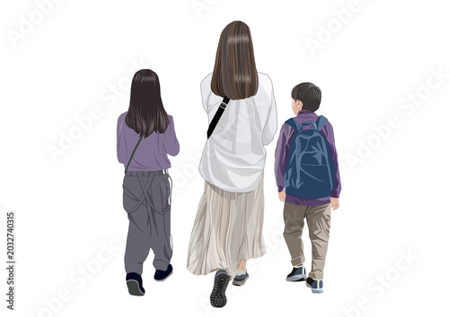 Fototapeta 母親と子供二人歩く後ろ姿イラスト
