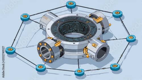 Photography Futuristic space station with circular design and docking ports in metallic colo