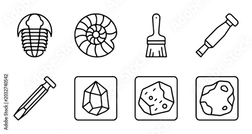 Konstfotografi Fossil Icons Set, Paleontology Tools, Ancient Life Symbols, Geology Elements, Sc