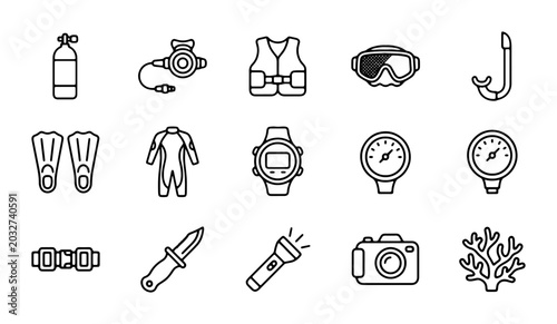 Fotografie Scuba Diving Equipment Icons Set, Underwater Adventure Gear Vector Collection, O