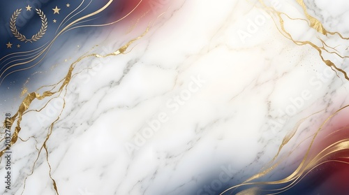 Marble texture with gold gradients, laurel wreath, and star accents, blue, red, and white colors