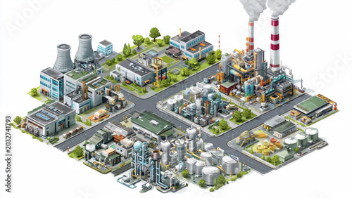 Fotografie Industrial cityscape with factories cooling towers and emission stacks in a deta