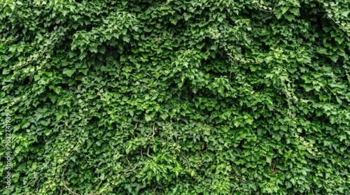 Dense green ivy leaves covering a vertical wall, showcasing a rich texture and vibrant foliage in a natural outdoor setting
