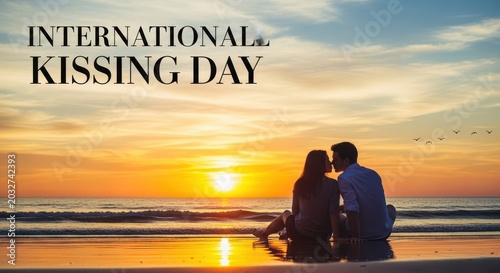 International kissing day poster with couple at sunset beach