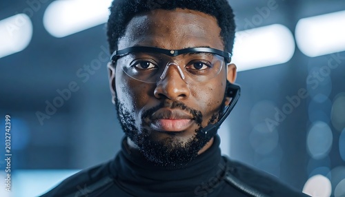 A close-up portrait of a man with futuristic glasses