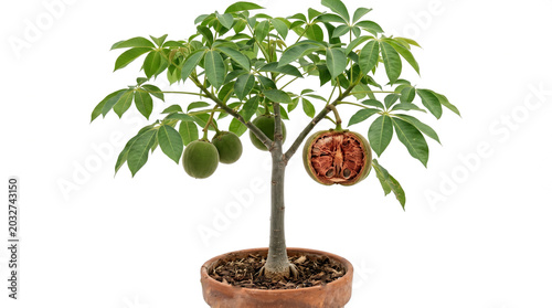 Young Baobab Tree with Fruit in Pot, Isolated on White Background
