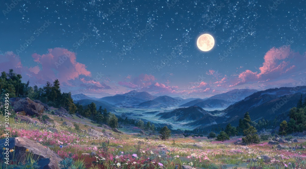 Obraz premium Pixelated Night Sky Over Rolling Hills and Wildflower Meadow Under a Full Moon and Starry Expanse
