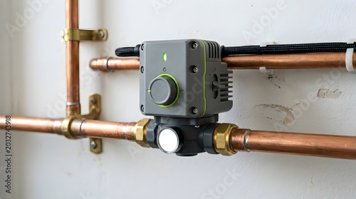 Modern digital heating circulation pump with a glowing green indicator light installed on bright copper pipes in a residential home setting for efficient water temperature control
