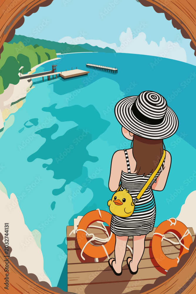 Obraz premium A Girl Enjoying the Coastal Vacation Scenery from the Wooden Wharf