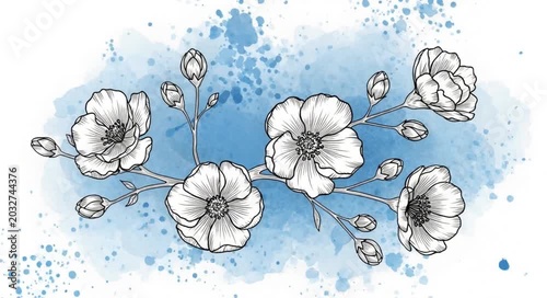 Elegant hand-drawn black and white floral branch with blooming flowers and buds, on a blue watercolor splash.