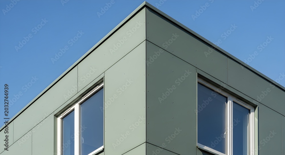 Fototapeta premium Modern Building Corner With Windows Against A Clear Blue Sky