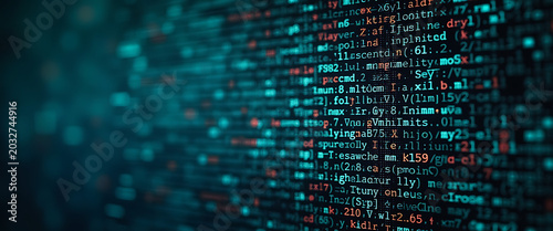 Abstract screen with technological code and data in teal and orange colors.