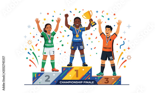 Konstfotografi Diverse soccer players celebrating victory on podium, holding golden trophy and medals amid colorful confetti at championship finale sports tournament