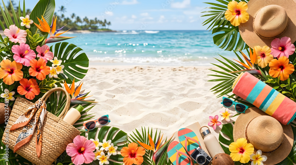 Fototapeta premium Bright summer background with tropical flowers