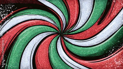 Comic book style christmas spiral background with glitter ribbons and festive pop art energy