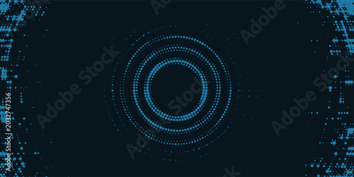 Digital circles of blue glowing dots. Information particles in a neural network. Big data visualization into cyberspace. Vector illustration.