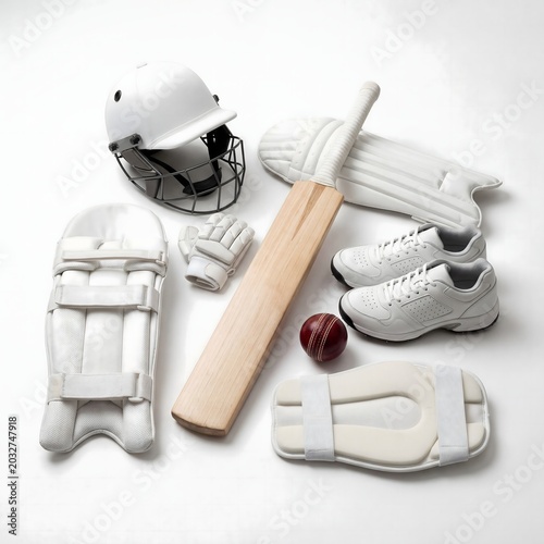 Flat lay cricket gear collection isolated on white background