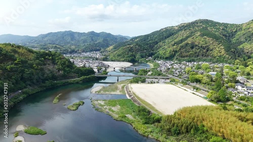 Aerial drone footage of Kintaikyo Bridge and Nishiki River in Iwakuni, Yamaguchi