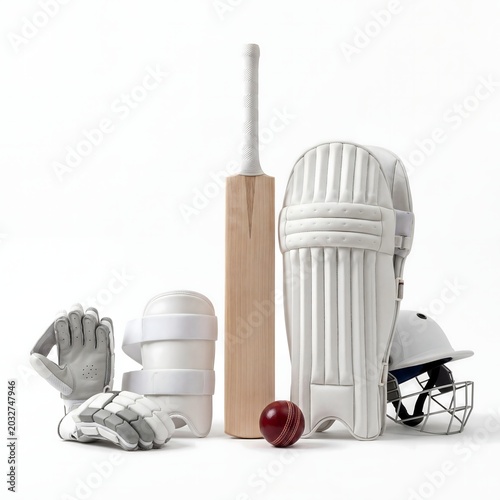 Cricket equipment collection isolated with bat helmet and pads