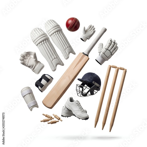 Floating cricket equipment collection isolated on white background