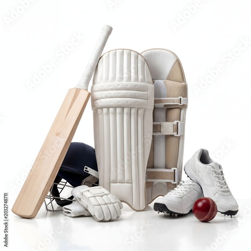 Cricket sports gear premium equipment collection isolated background