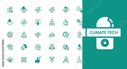 Billede på lærred Climate tech icons collection featuring clean energy, sustainability, and enviro