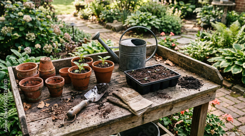 Gardening pot seedling watering can soil glove garden trowel Gardening potting bench with seedling, watering can, soil tray, glove, terracotta pot