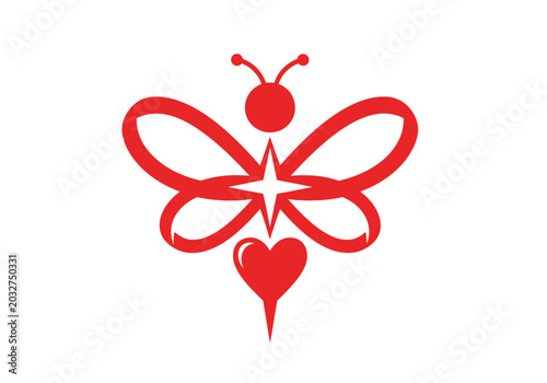 Red stylized bee icon with heart and star symbol