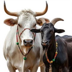 Majestic white cow with large horns and a sleek black goat standing side by side wearing colorful decorative collars in a high quality studio photo captured with soft natural lighting.
