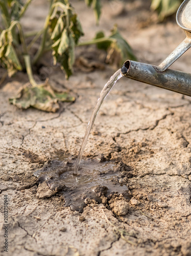 Close up of fresh water pouring onto extremely dry cracked parched garden soil from watering can.
