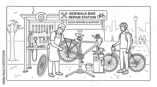 A professional mechanic repairing a bicycle at a sidewalk repair station with a customer.