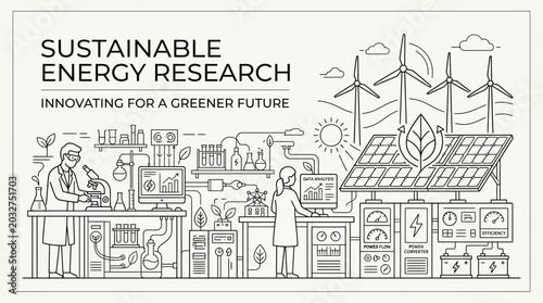 Tablou pe pânză Line art illustration of scientists conducting sustainable energy research in a laboratory setting