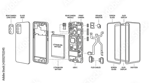 Quadro su tela Exploded view diagram of a modern smartphone showing internal components and assembly