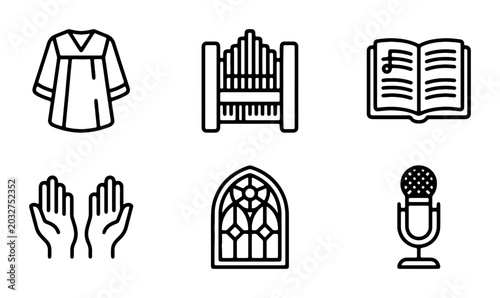 Schilderij op canvas Church Icons Set: Choir Robe, Pipe Organ, Music Book, Praying Hands, Stained Gla