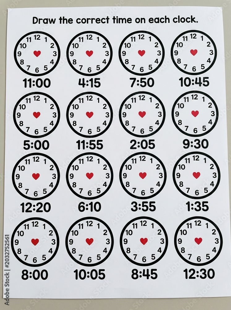 Naklejka premium Educational math worksheet for children to practice telling time on clocks