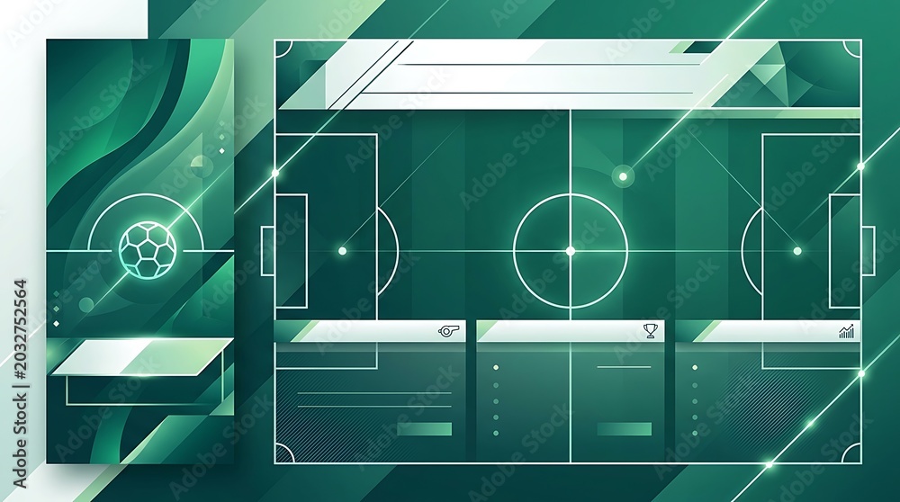 Obraz premium A digital illustration of a soccer field's center circle viewed from above with white lines and markings on a green background with futuristic technology elements surrounding.